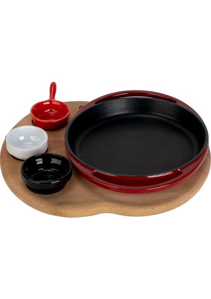 Döküm Yuvarlak Sahan Döküm Demir Yekpare Çift Kulplu Kayın Servis Ahşabı ÇAP(Ø)20CM. (Sos Kapları Dahil Değildir.)-Bordo