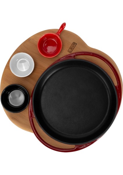 Döküm Yuvarlak Sahan Döküm Demir Yekpare Çift Kulplu Kayın Servis Ahşabı ÇAP(Ø)20CM. (Sos Kapları Dahil Değildir.)-Bordo modelleri