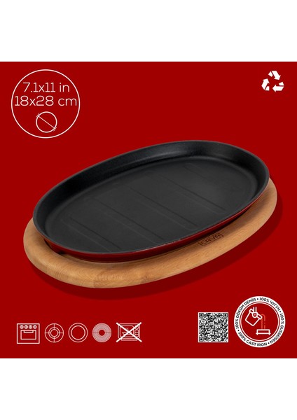 Döküm Oval Fajita Tabağı Kayın Servis Ahşabı Ölçü 18X28CM. (Harici Tava Tutucu Dahil Değildir.)-Bordo fırsatları
