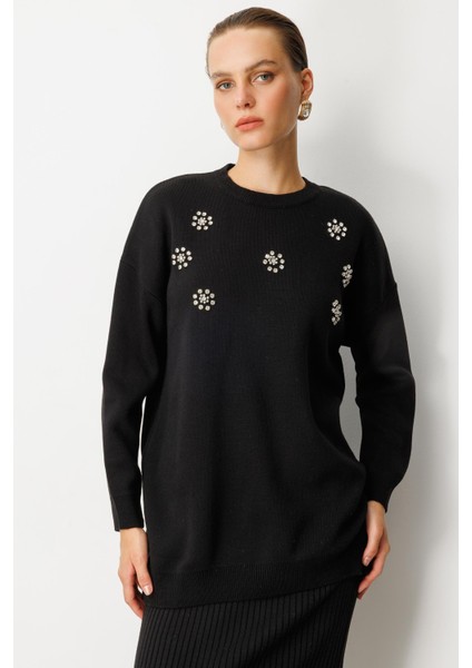 Çiçek Taş Detaylı Triko Tunik-SİYAH