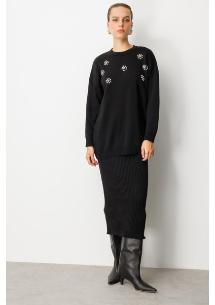 Çiçek Taş Detaylı Triko Tunik-SİYAH fiyatları