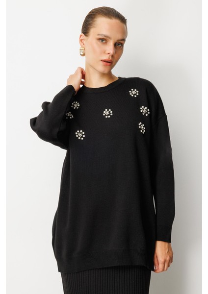 Çiçek Taş Detaylı Triko Tunik-SİYAH modelleri