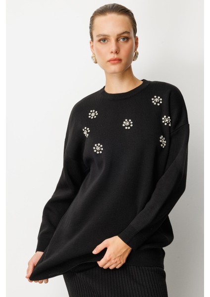 Çiçek Taş Detaylı Triko Tunik-SİYAH fırsatları