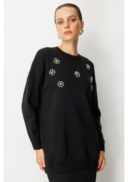 Çiçek Taş Detaylı Triko Tunik-SİYAH indirimleri