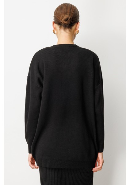 Çiçek Taş Detaylı Triko Tunik-SİYAH