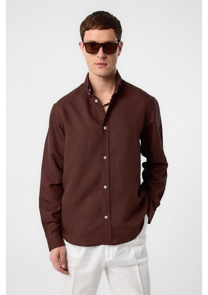 Kahve Keten Karışımlı Yaka Düğmeli Erkek Gömlek