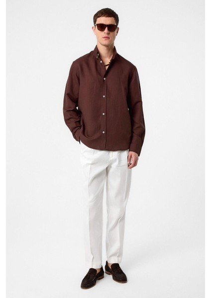 Kahve Keten Karışımlı Yaka Düğmeli Erkek Gömlek fiyatları