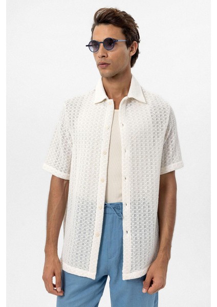 Ekru Dokulu Kroşe Erkek Gömlek