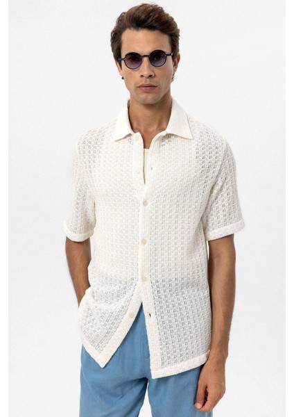 Ekru Dokulu Kroşe Erkek Gömlek modelleri