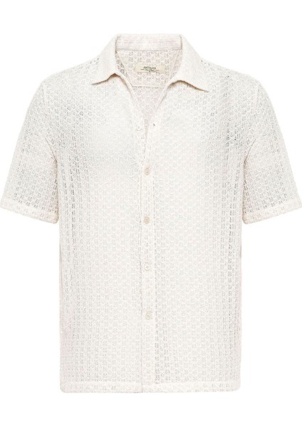 Ekru Dokulu Kroşe Erkek Gömlek