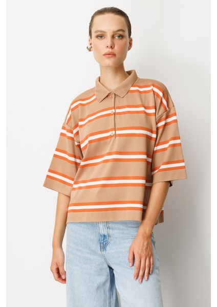 Düğme Detaylı Truvakar Kol Triko Kazak-Karamel