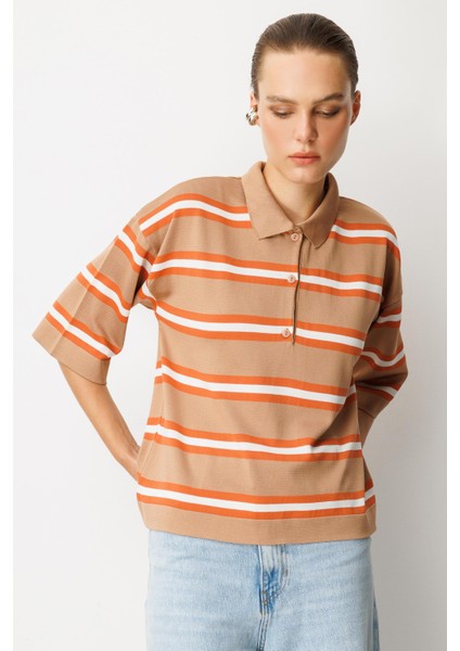 Düğme Detaylı Truvakar Kol Triko Kazak-Karamel modelleri