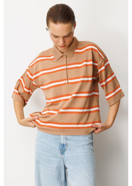 Düğme Detaylı Truvakar Kol Triko Kazak-Karamel fırsatları