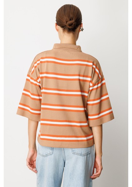 Düğme Detaylı Truvakar Kol Triko Kazak-Karamel indirimleri