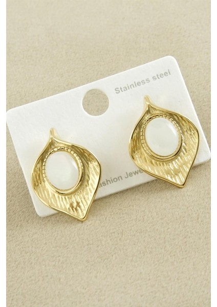 Oval Taşlı Lüks Çelik Küpe