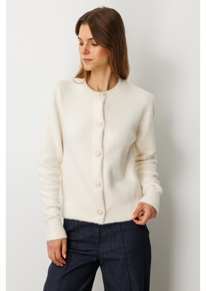 Düğme Detaylı Triko Hırka-EKRU