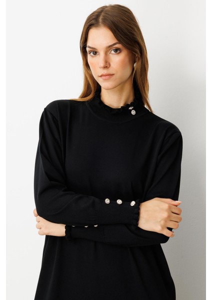 Farbela Detaylı Uzun Triko Elbise-SİYAH fiyatları