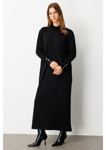 Farbela Detaylı Uzun Triko Elbise-SİYAH