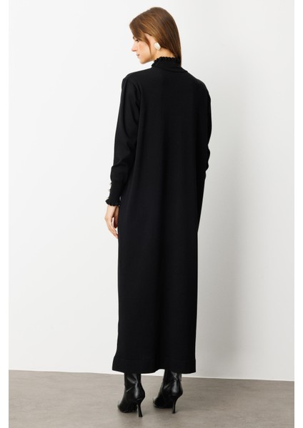 Farbela Detaylı Uzun Triko Elbise-SİYAH