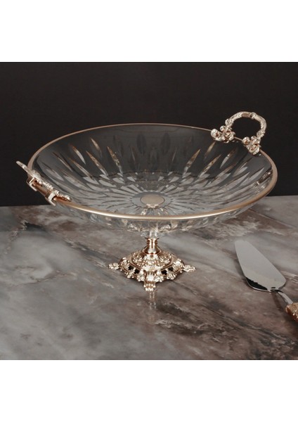 Arya Ayaklı Cam Kulplu Salata Kasesi - Gümüş