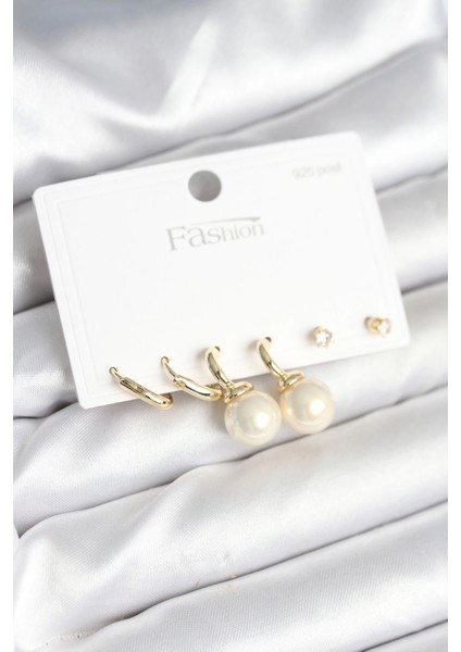 Bfs Gold Renk Pirinç 925 Ayar Gümüş Çivili Kadın Küpe Seti