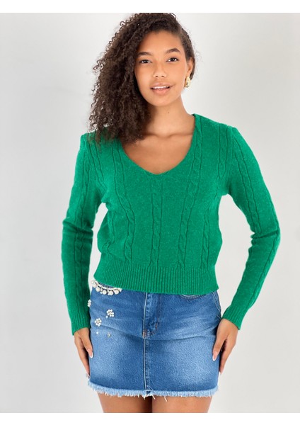 Kadın V Yaka Saç Örgü Kısa Yeşil Triko Kazak fiyatları