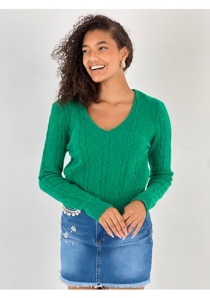 Kadın V Yaka Saç Örgü Kısa Yeşil Triko Kazak fırsatları
