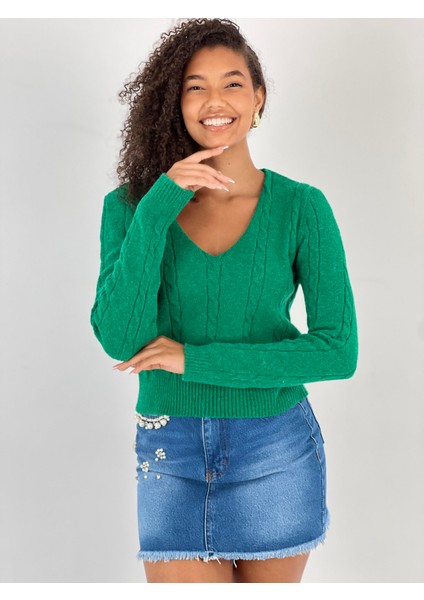 Kadın V Yaka Saç Örgü Kısa Yeşil Triko Kazak indirimleri