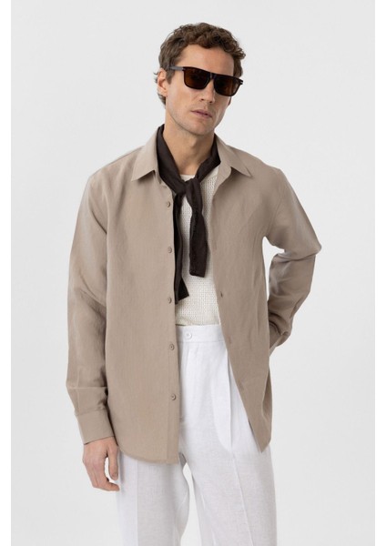 Bej Relax Fit Modal Kumaş Erkek Gömlek