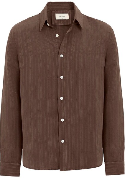 Kahve Çizgili ve Dokulu Erkek Gömlek