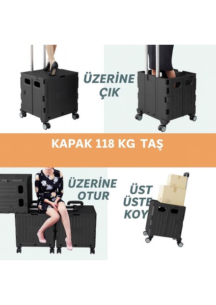 Katlanabilir 4 Tekerlekli Alışveriş ve Depolama Çantası – Kapaklı Teleskopik Çekme Kolu Kamp Plaj Çok Amaçlı Siyah fırsatları
