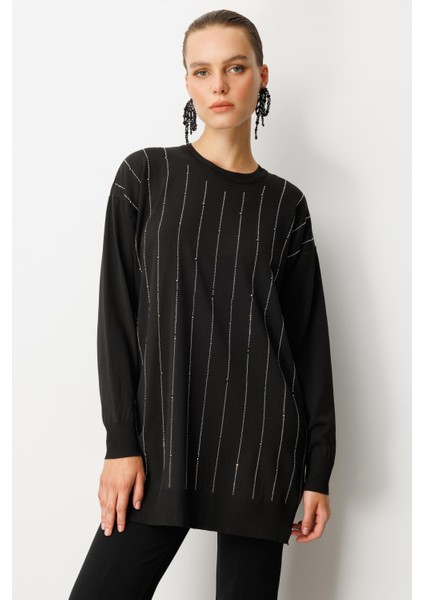 Taş Desen Çizgili Triko Tunik Kazak-SİYAH