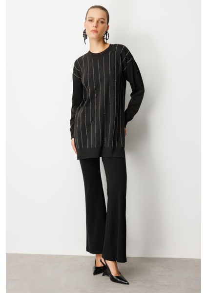 Taş Desen Çizgili Triko Tunik Kazak-SİYAH fiyatları