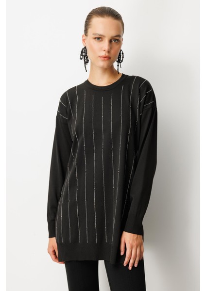 Taş Desen Çizgili Triko Tunik Kazak-SİYAH modelleri