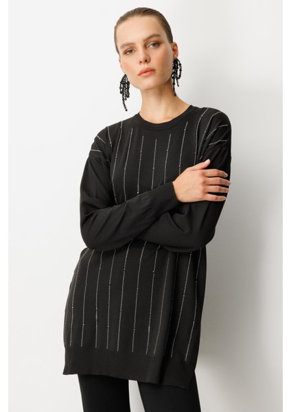 Taş Desen Çizgili Triko Tunik Kazak-SİYAH fırsatları
