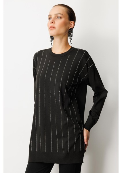 Taş Desen Çizgili Triko Tunik Kazak-SİYAH indirimleri