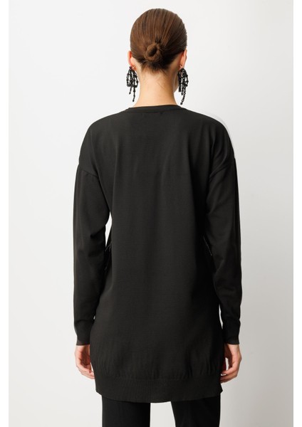 Taş Desen Çizgili Triko Tunik Kazak-SİYAH