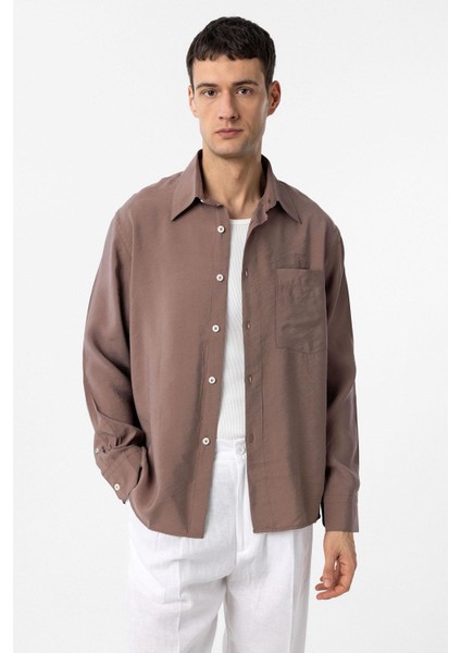 Kahve Modal Kumaş Relax Fit Erkek Gömlek