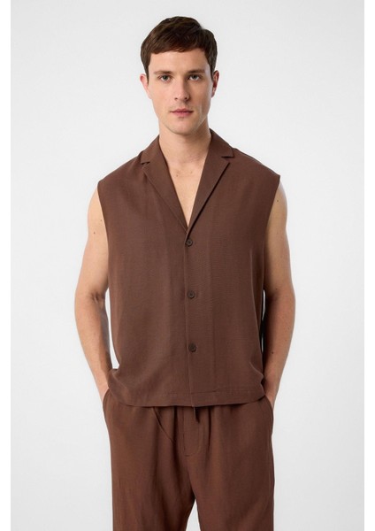 Kahve Keten Karışımlı Kolsuz Erkek Gömlek