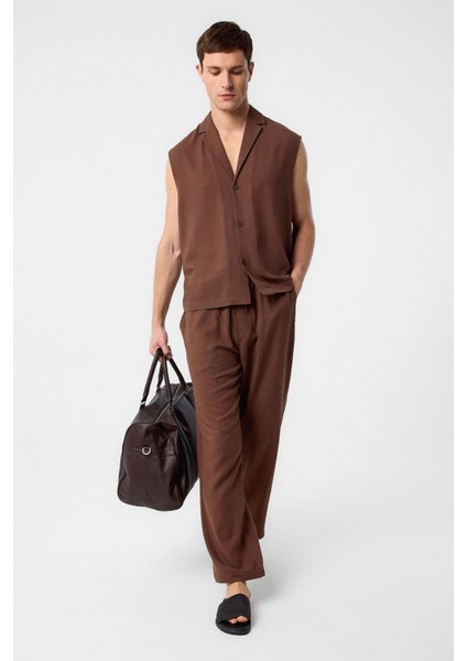 Kahve Keten Karışımlı Kolsuz Erkek Gömlek fiyatları