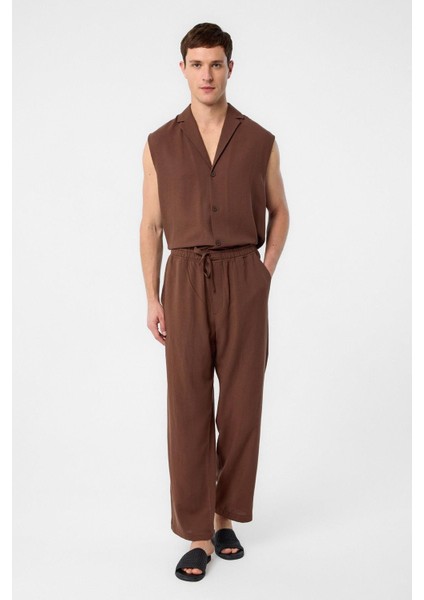 Kahve Keten Karışımlı Kolsuz Erkek Gömlek modelleri