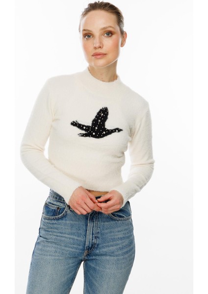 Kuş Detaylı Crop Kazak-EKRU fiyatları