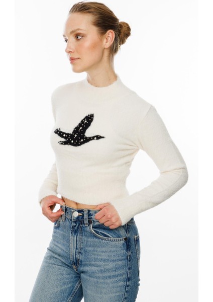 Kuş Detaylı Crop Kazak-EKRU indirimleri