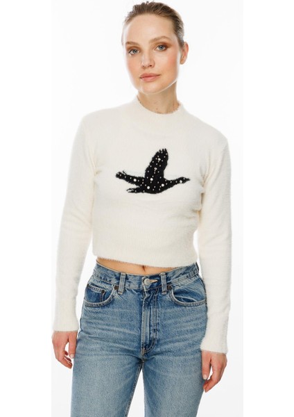 Kuş Detaylı Crop Kazak-EKRU