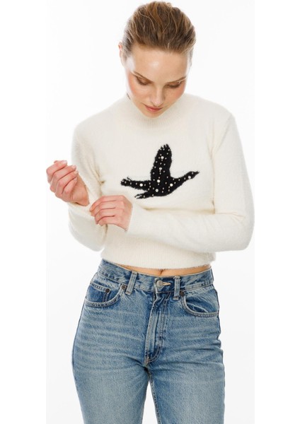 Kuş Detaylı Crop Kazak-EKRU