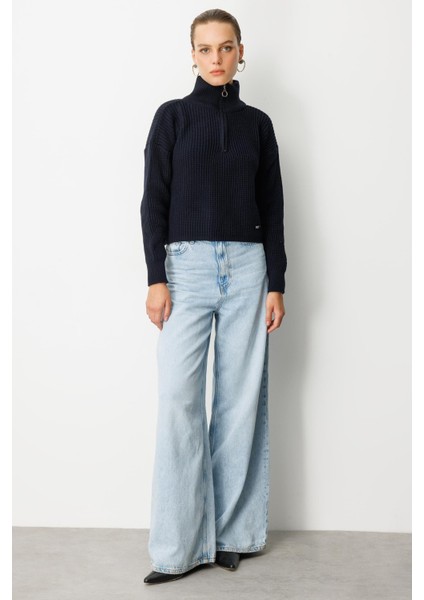 Yakası Fermuarlı Selanik Örgü Triko Kazak-SİYAH