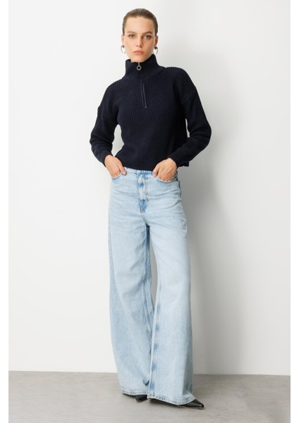 Yakası Fermuarlı Selanik Örgü Triko Kazak-SİYAH fiyatları