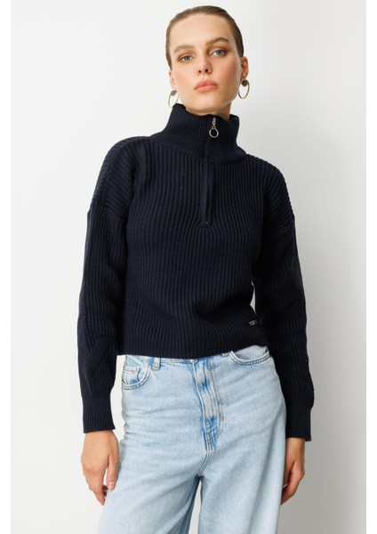 Yakası Fermuarlı Selanik Örgü Triko Kazak-SİYAH modelleri