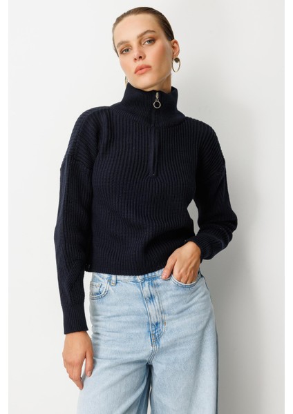 Yakası Fermuarlı Selanik Örgü Triko Kazak-SİYAH fırsatları