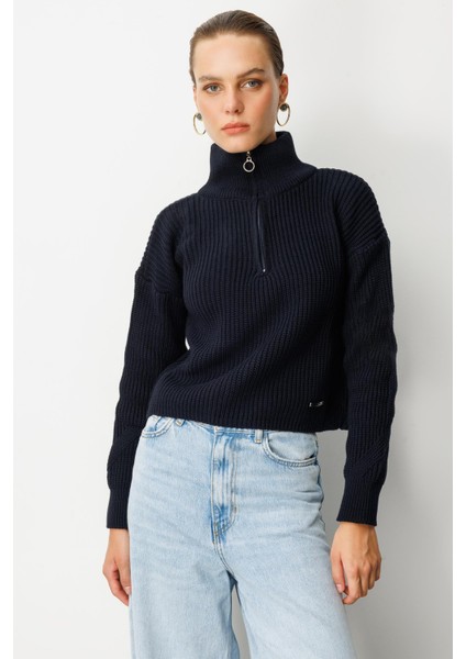 Yakası Fermuarlı Selanik Örgü Triko Kazak-SİYAH indirimleri